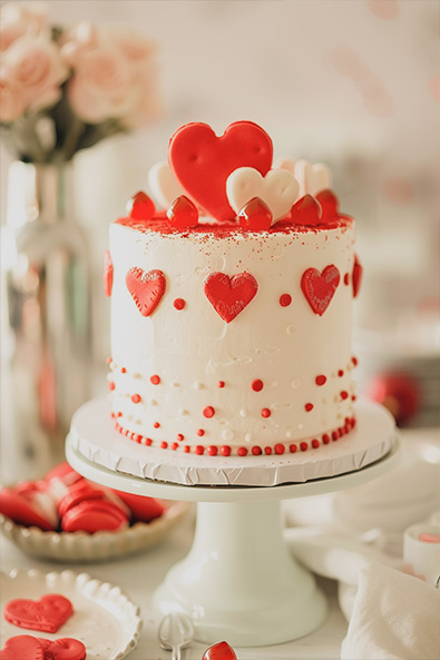 raw image Valentines cake with hearts on a stand