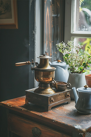 raw image vintage Coffee grinder next to pots