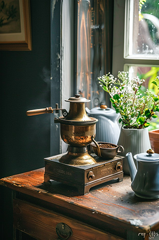 with preset vintage coffee grinder next to pots