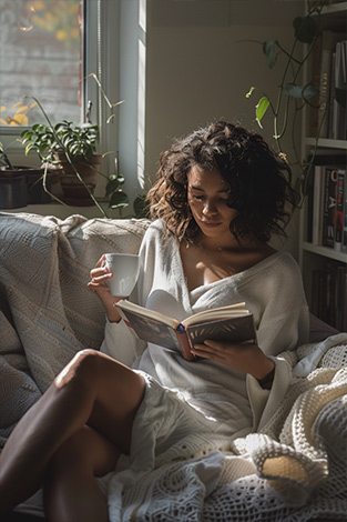 raw image woman enjoying a Coffee while reading a book