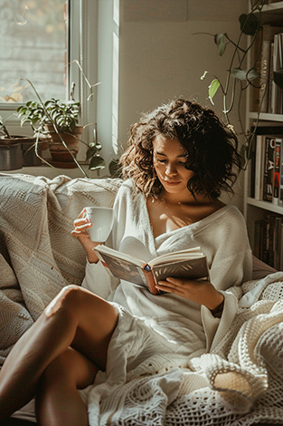 raw image woman enjoying a Coffee while reading a book