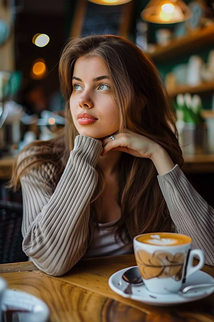 with preset person having coffee at a bistro