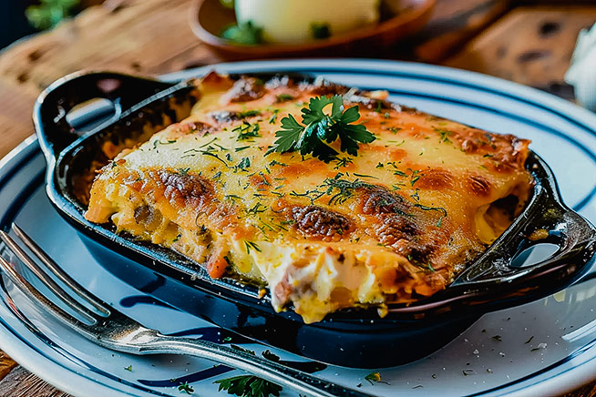 with preset plate with Greek Moussaka