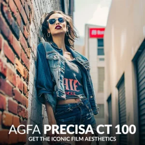 Cover image Agfa Precisa CT 100 presets for Lightroom, showing a fashion portrait taking in an alley of a women wearing blue jeans.