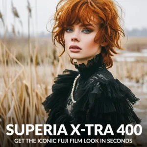 Cover image Superia X-tra 400 presets showing a portrait of a red hair woman in a corn field with preset applied.
