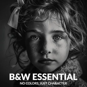 cover image black and white portrait presets for Lightroom showing a close-up portrait of a young girl in black and white.