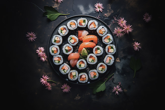 raw image Maki sushi flat-lay