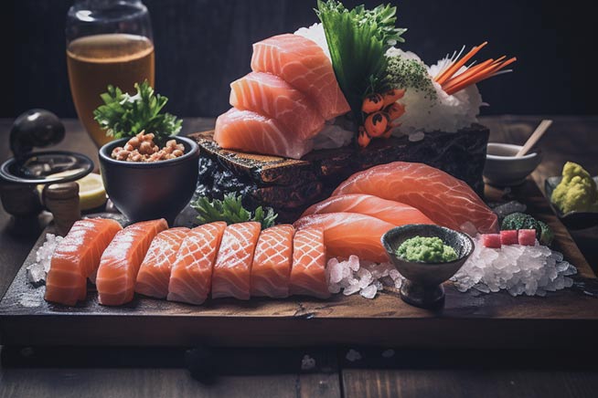 raw image Sashimi sushi wooden table