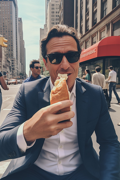 raw image snapshot man eating hotdog in the street