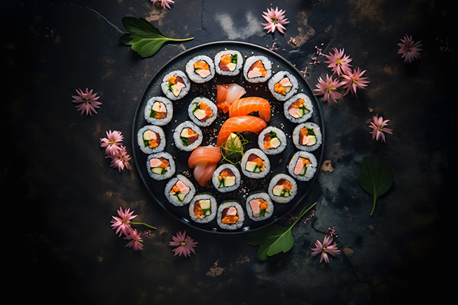 raw image Maki sushi flat-lay