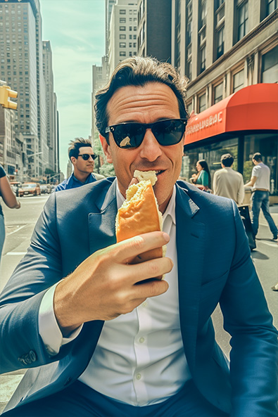 with preset snapshot man eating hotdog in the street