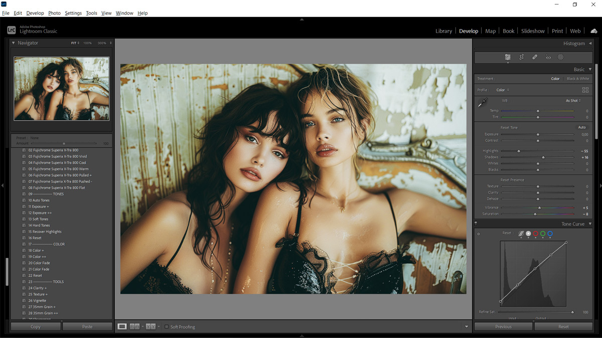 Lightroom screenshot, fashion preset applied to photo