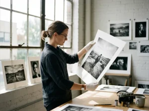 Photographer reviewing black and white film preset prints in studio