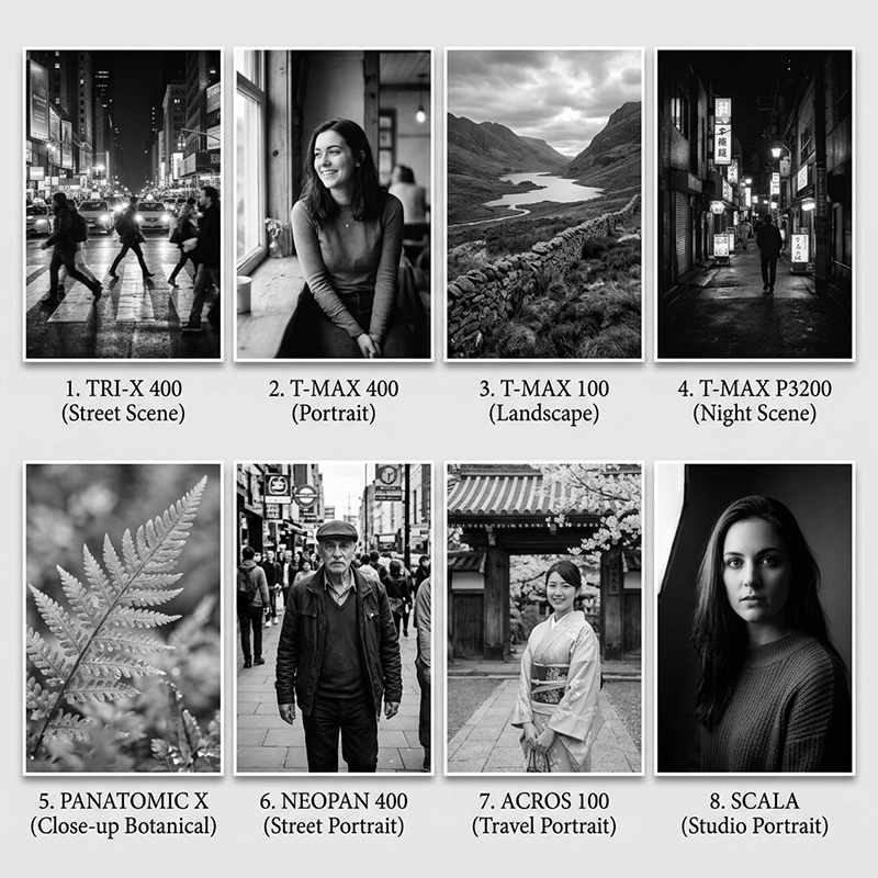 Eight black and white film stock Lightroom presets compared side by side