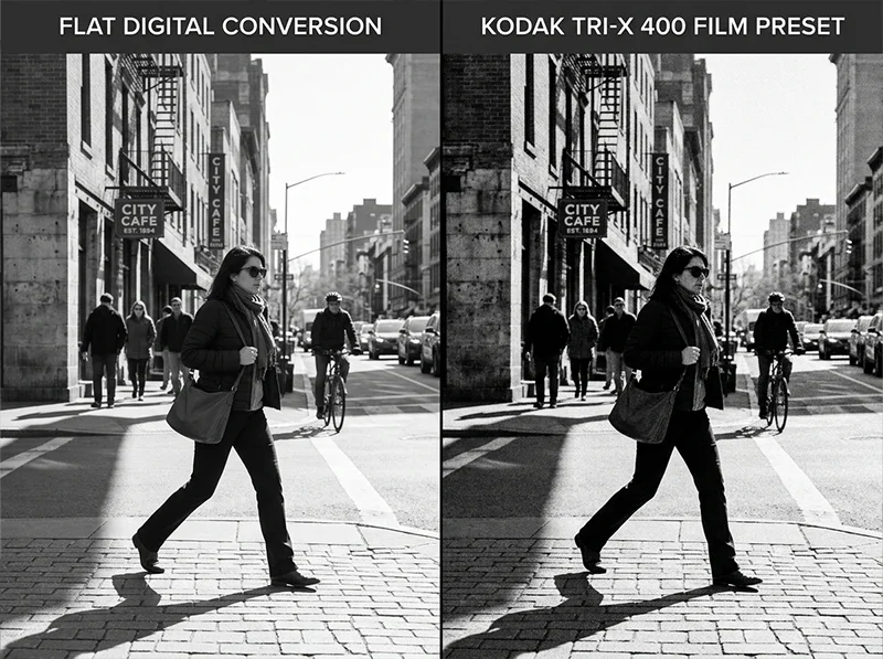 Comparison of Lightroom black and white conversion vs Kodak TRI-X 400 film preset