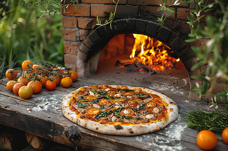 Pizza made in a outdoor pizza oven