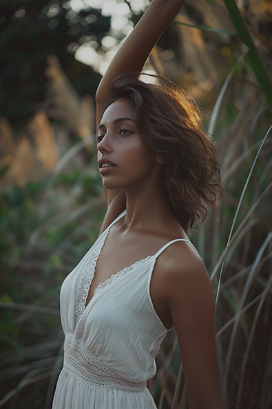 raw image girl in white dress posing outdoors