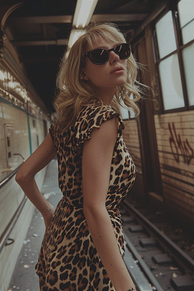 raw image woman in animal print dress in subway