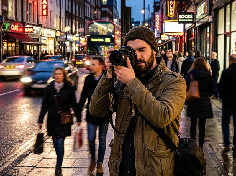 Street photographer in urban environment choosing between black and white film presets