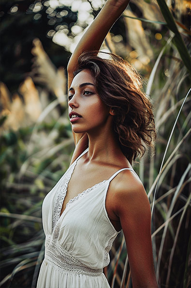 with preset girl in white dress posing outdoors