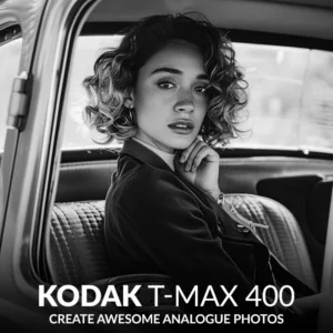 cover image Kodak T-MAX 400 presets for Lightroom, showing a portrait of a woman sitting in the backseat of a car.