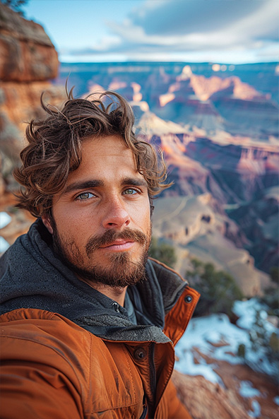 raw image selfie with landscape