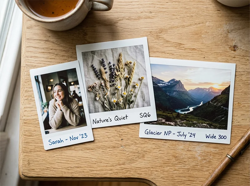 Three Fujifilm Instax print formats, Mini, Square and Wide, arranged side by side showing size differences