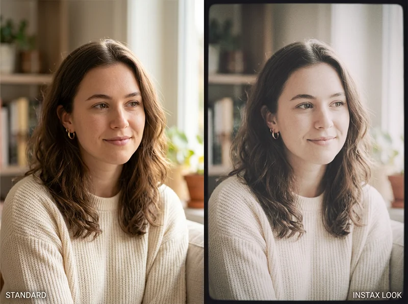 Side-by-side portrait comparison showing standard digital edit versus Fujifilm Instax aesthetic with lifted blacks and warm highlights in Lightroom