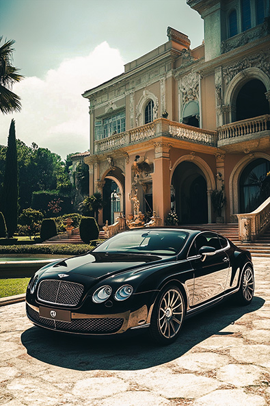 After Bentley Continental GT parked in front of a luxurious mansion with manicured gardens and a fountain