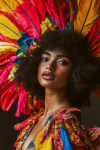 After Brazilian model in wearing a carnival dress posing in a studio