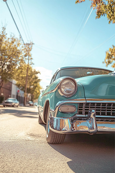 Before classic 1950s car, parked on a sunny street