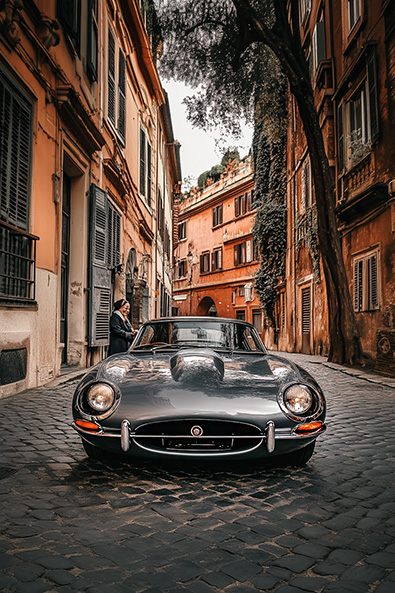 After Before 1968 Jaguar E-Type parked on a cobblestone street in Rome