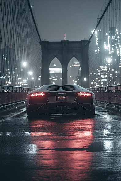 Before Lamborghini Aventador parked in the middle of a wet Brooklyn Bridge at night
