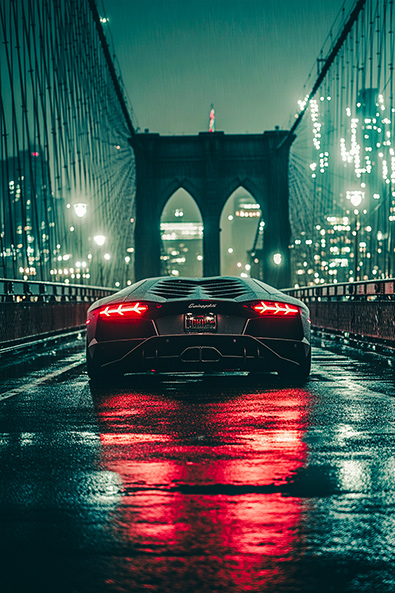 After Lamborghini Aventador parked in the middle of a wet Brooklyn Bridge at night