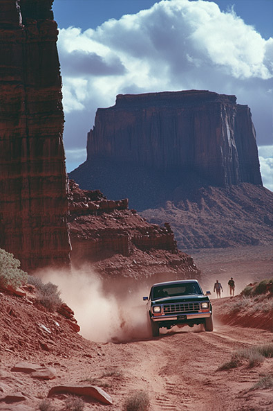 Before Ford Bronco climbing over rugged desert terrain in Monument Valle