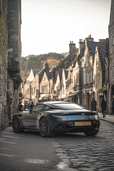 Before Aston Martin DB11 parked on a cobblestone street in a quaint Scottish village