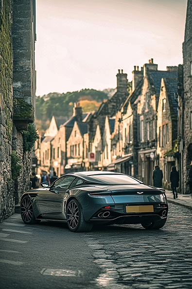 After Aston Martin DB11 parked on a cobblestone street in a quaint Scottish village