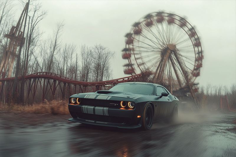 Before Dodge Challenger Hellcat speeding past a rusted Ferris wheel