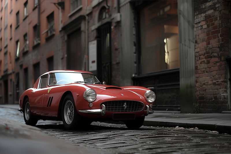 Before Ferrari 250 GT SWB parked n a narrow street