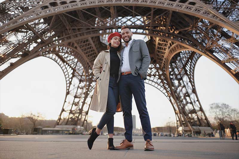 Before couple Eiffel Tower at sunset