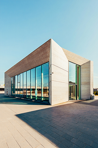 After building with clean lines and large windows