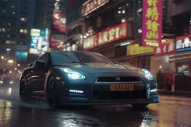Before Nissan GT-R sliding through a wet street in Hong Kong