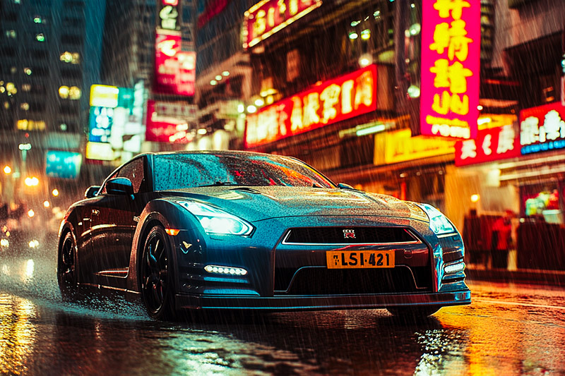 After Nissan GT-R sliding through a wet street in Hong Kong