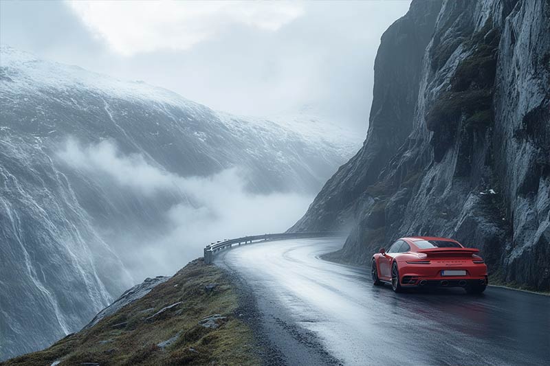 Before Porsche 911 Turbo navigating a narrow road along Norway’s fjords