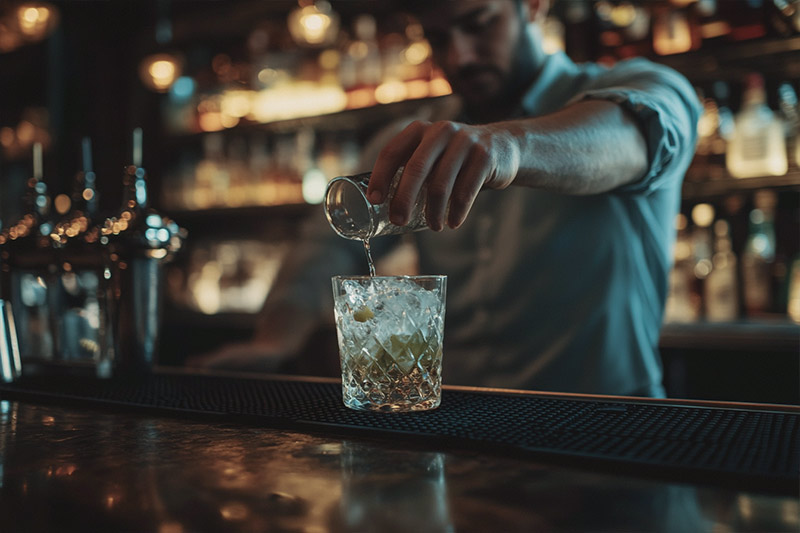 Before a bartender in a light blue shirt pouring a drink at a dimly lit bar