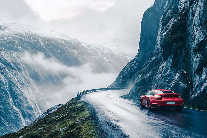 After Porsche 911 Turbo navigating a narrow road along Norway’s fjords