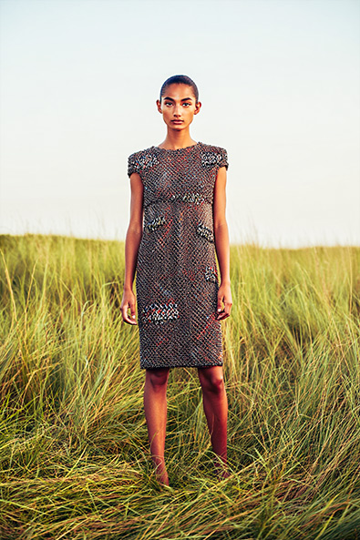 After Russian model in a shimmering Missoni dress