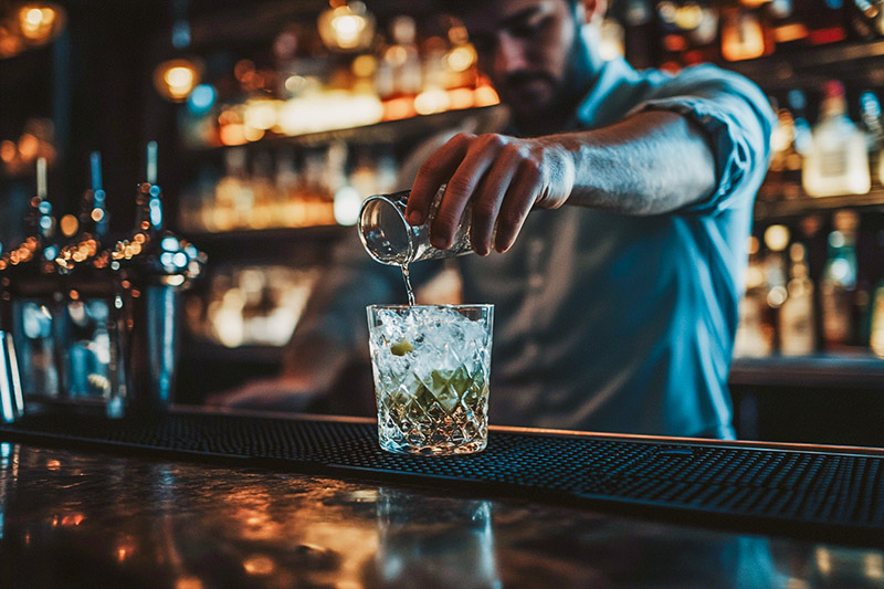 After a bartender in a light blue shirt pouring a drink at a dimly lit bar