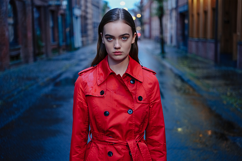 After woman in a bright red trench coat stands confidently in the center of a wet city street