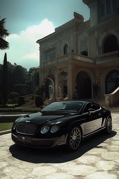 Before Bentley Continental GT parked in front of a luxurious mansion with manicured gardens and a fountain
